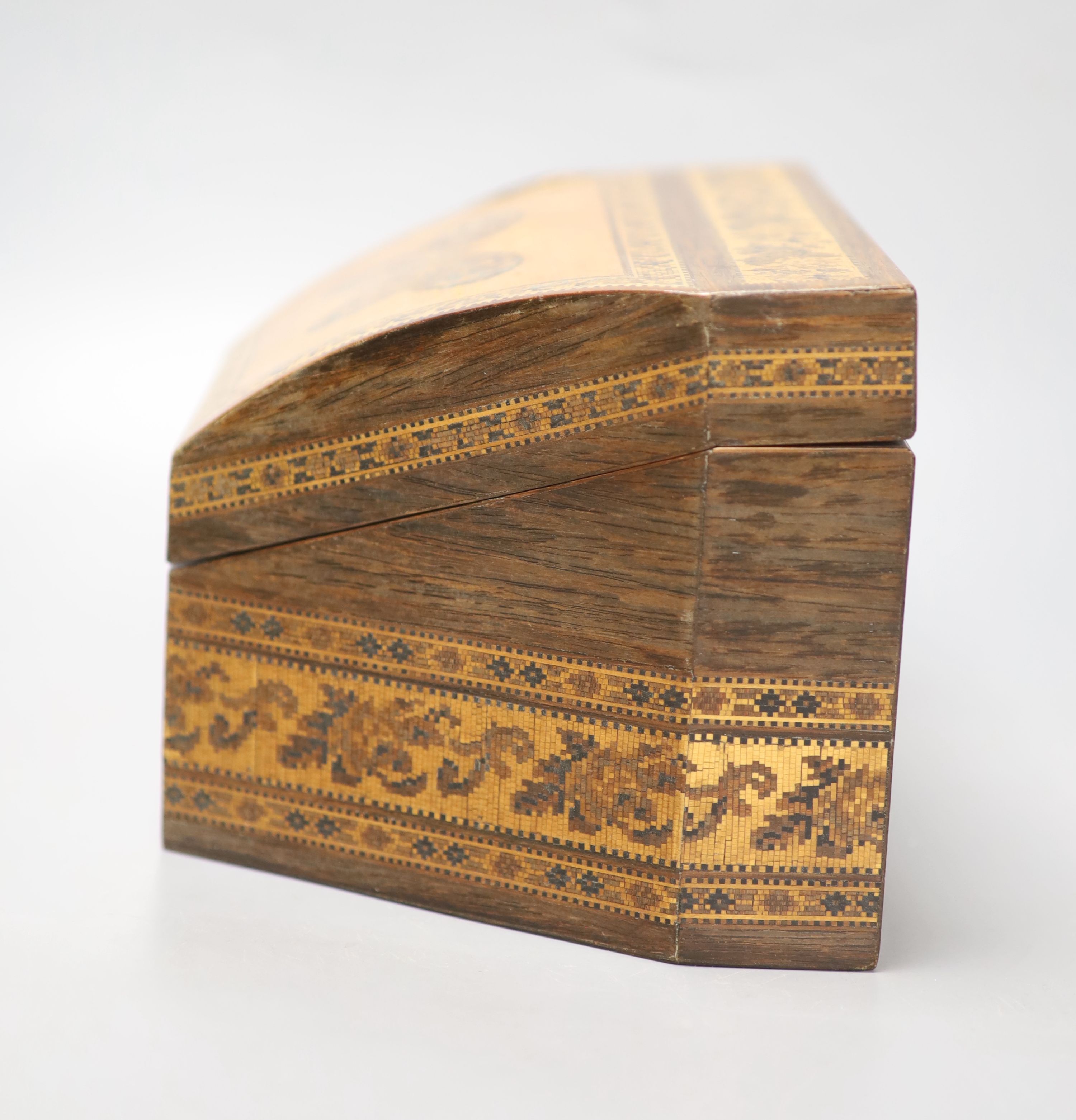 A Tunbridge Ware rosewood stationery box, the hinged sloping top butterfly and satinwood inlaid, W 22cm (max), H 13.5cm D 15cm